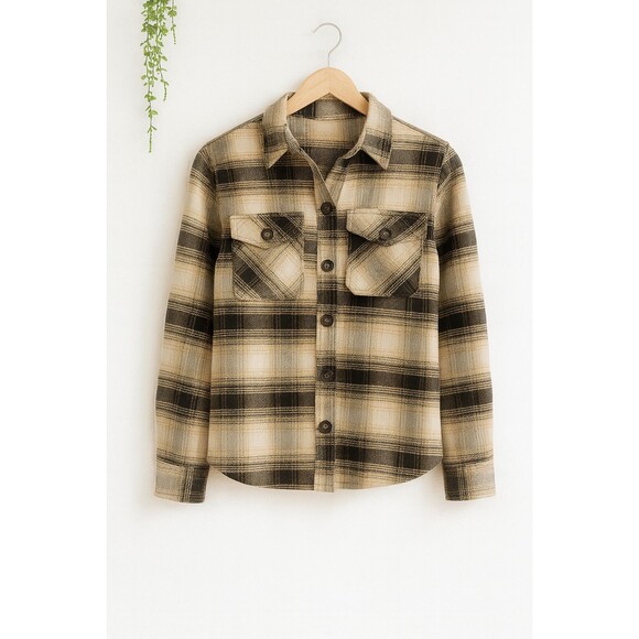 BB Dakota Steve Madden Women’s S Plaid Beige Black Shacket Flannel Button Down - Picture 1 of 9